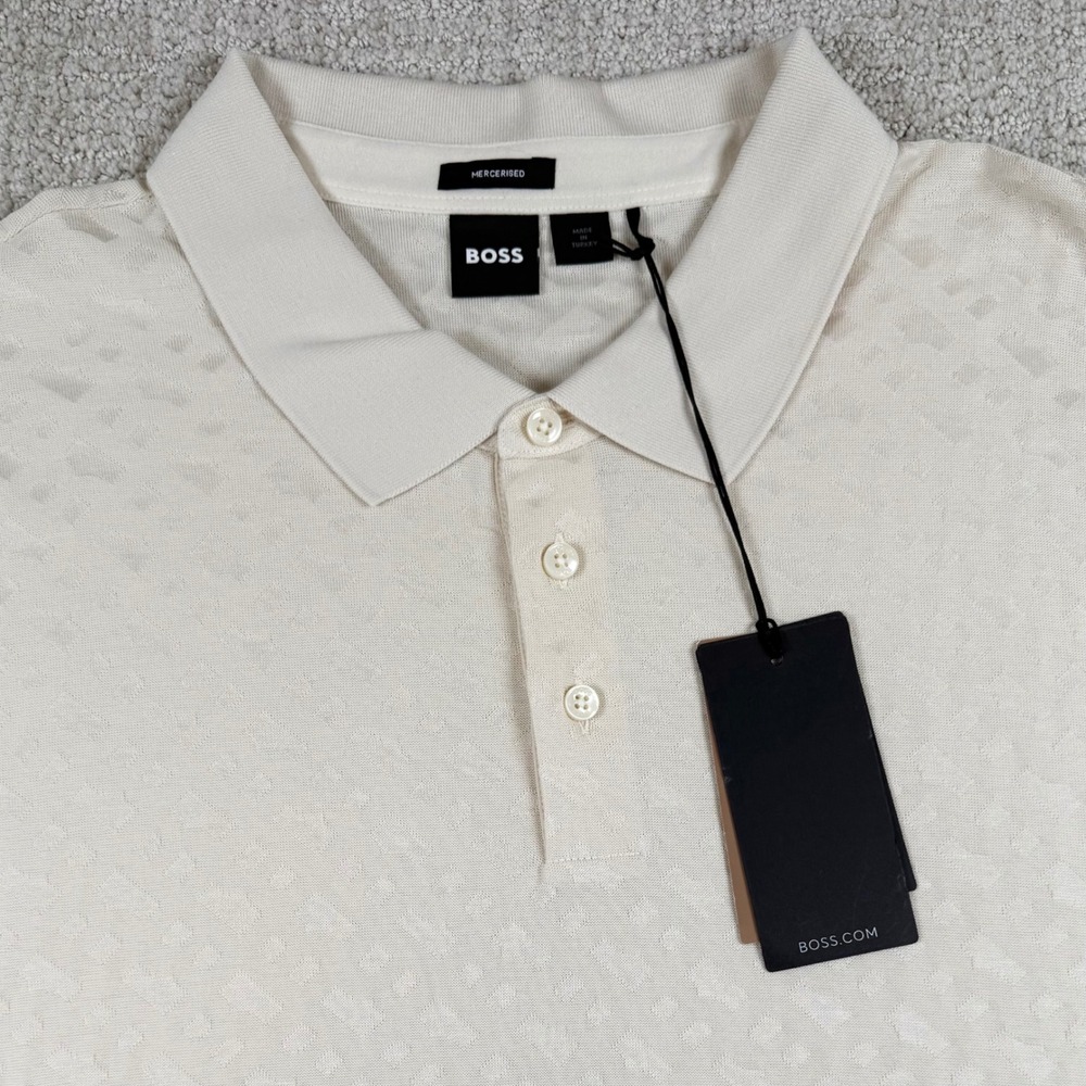NEW Hugo Boss Mens 3XLT Ivory Mercerised B Print Jacquard Geometric Polo Shirt